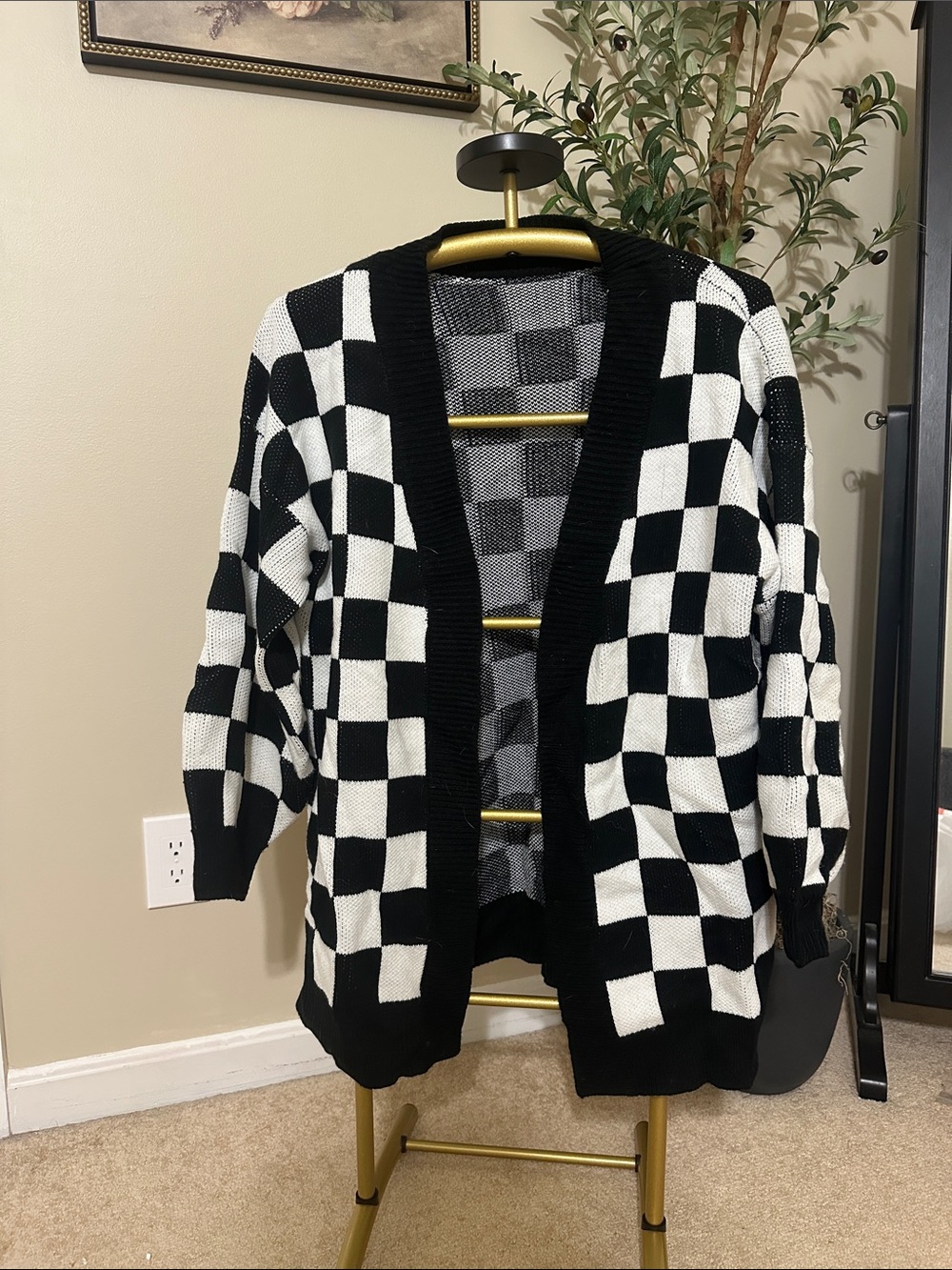Open-Front Black & White Checkerboard Knit Cardigan